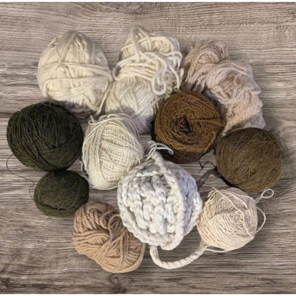 Set Of 11 Yarn Skeins Balls Mixed Neutral Earth Tones Cream Brown Weave Knit Vtg